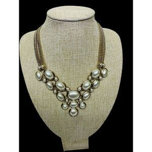 Signed BR Banana Republic Gold Tone‎ Cream Gray Chunky Oval Faux Pearl Necklace